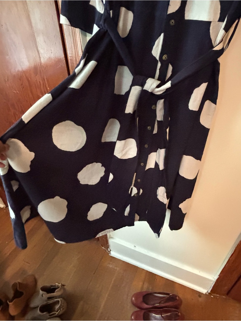 Ashley Stewart Navy Blue and White Polka Dot Midi Shirt Dress - Picture 3 of 5